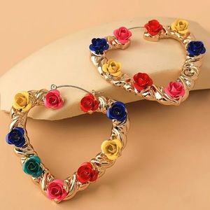 💜 Lovely Oversized Metallic Colorful Floral Flower Rose Heart Hoop Earrings 💜